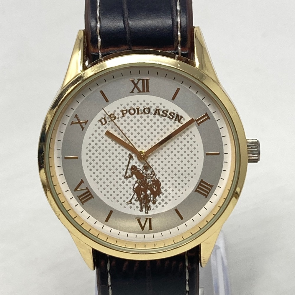 US Polo Assn Watch Men 43mm Gold Tone Brown Band Accutime New Battery 9.25"